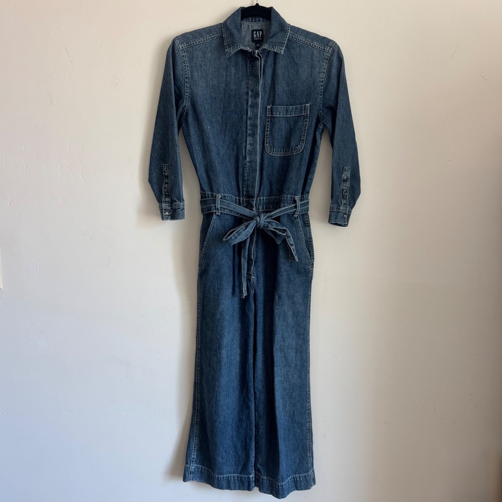 Gap Denim Utility Jumpsuit Medium Indigo Cotton‎ Belted Boiler Suit 00 Petite